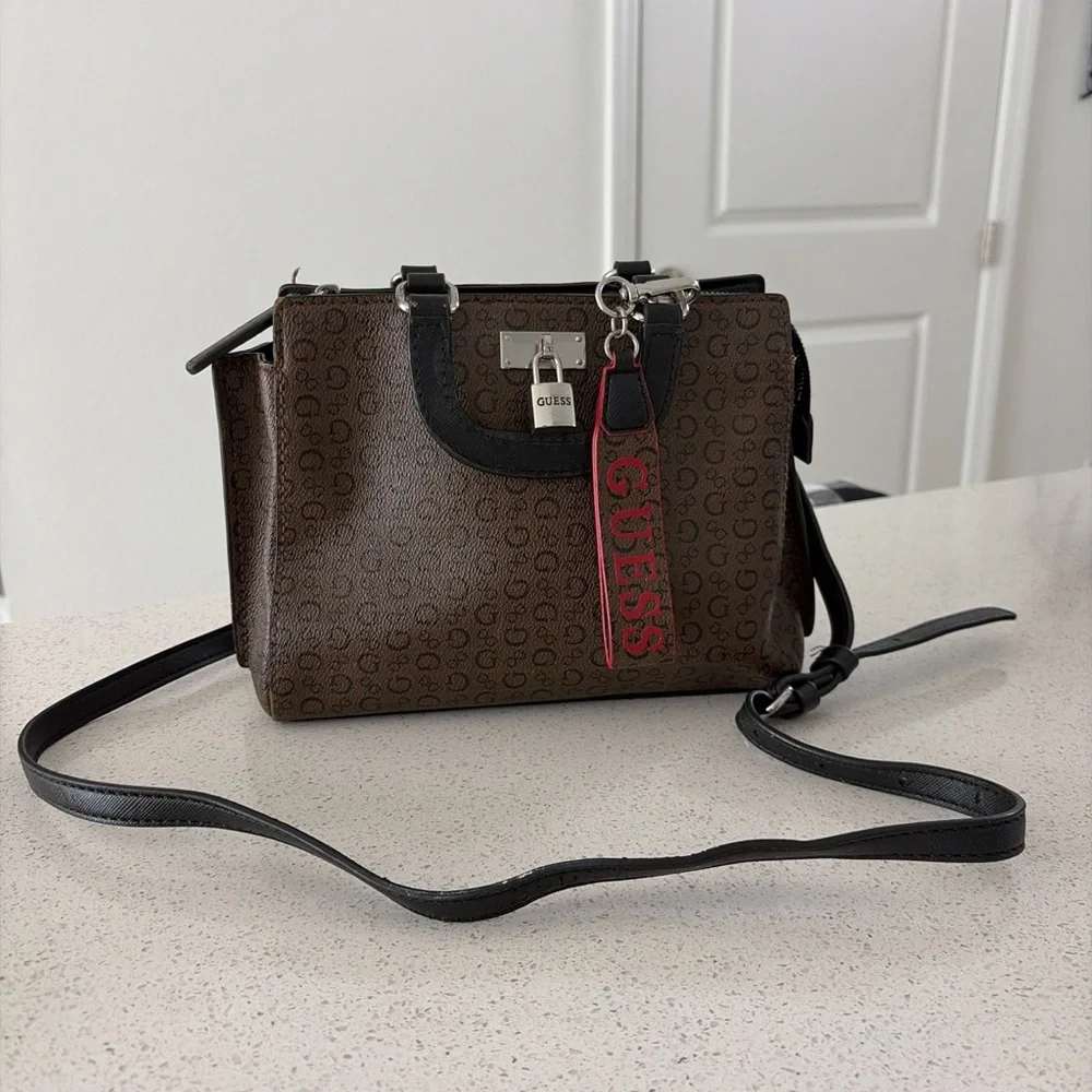 Guess Brown and Black Logo Crossbody Bag with Red Accent